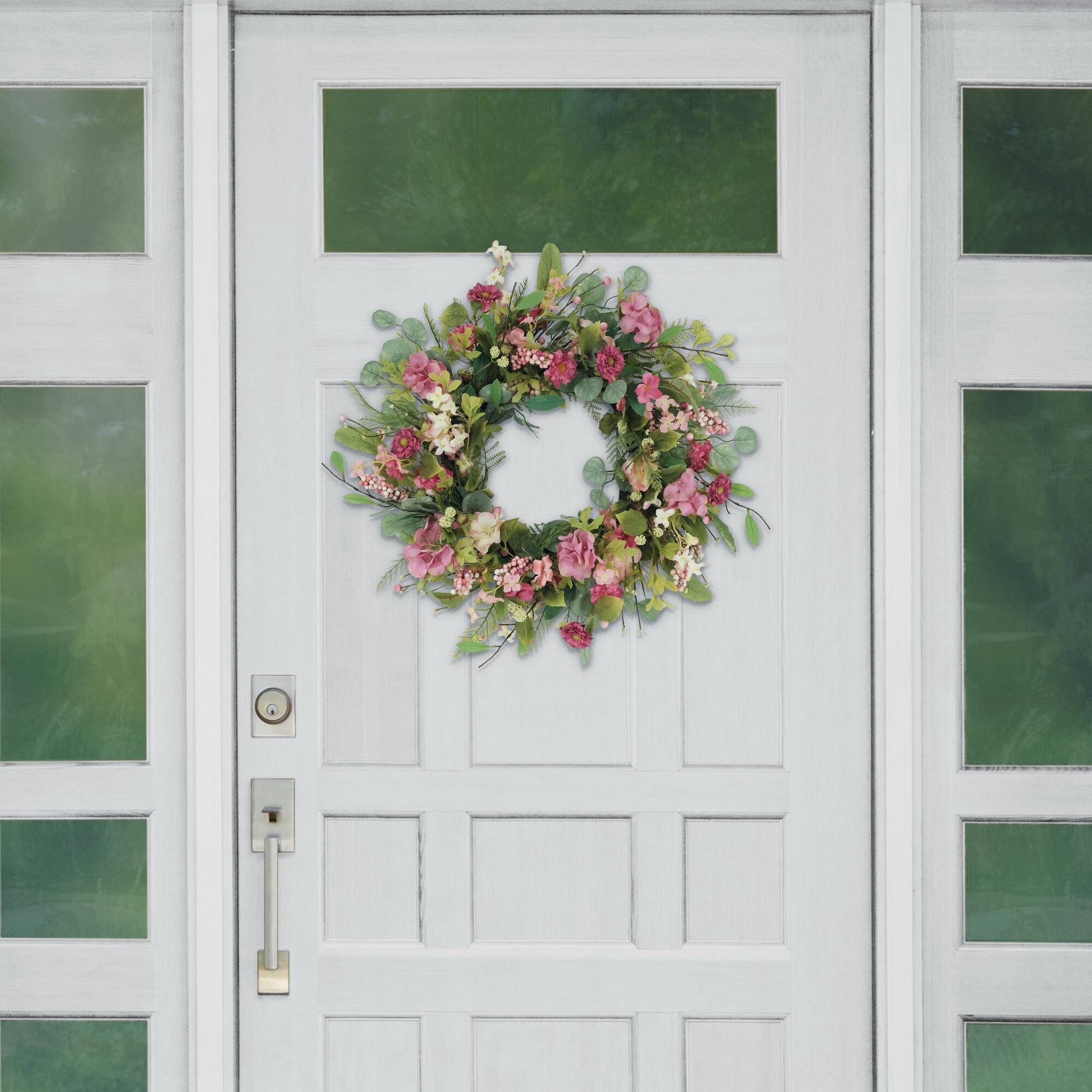 6 Pack: 24" Pink Mum & Hydrangea Floral Spring Wreath